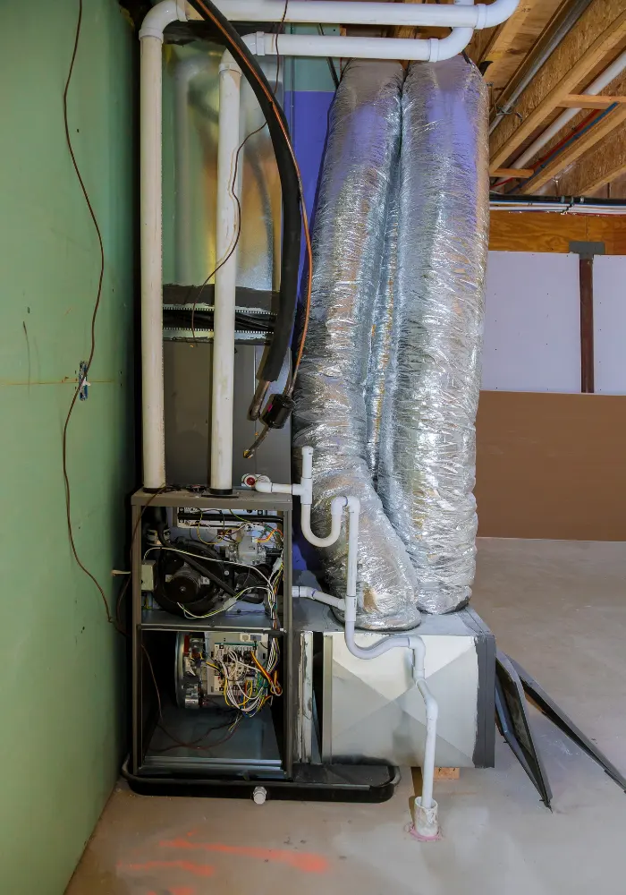 The side view of an HVAC system with the side panel removed